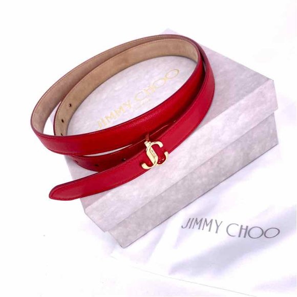 JIMMY CHOO LONDON Red Leather Belt 95 Medium Large 8 10 12 14 16 Gold New in Box